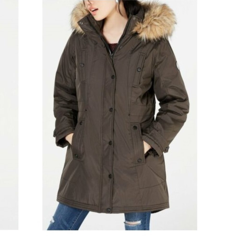 Madden Girl Juniors' Hooded Faux-Fur-Trim Long Sleeves Parka | Olive - Small